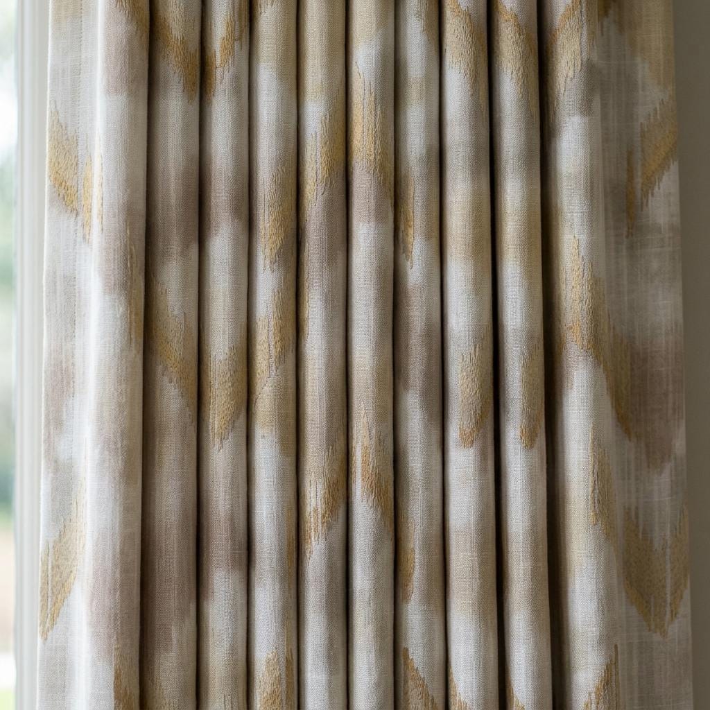 Ivory Pure Linen Embroidered Curtains, Champagne Gold Ikat Diamond Drapes, Custom Extra Long Blackout Panels — image 9