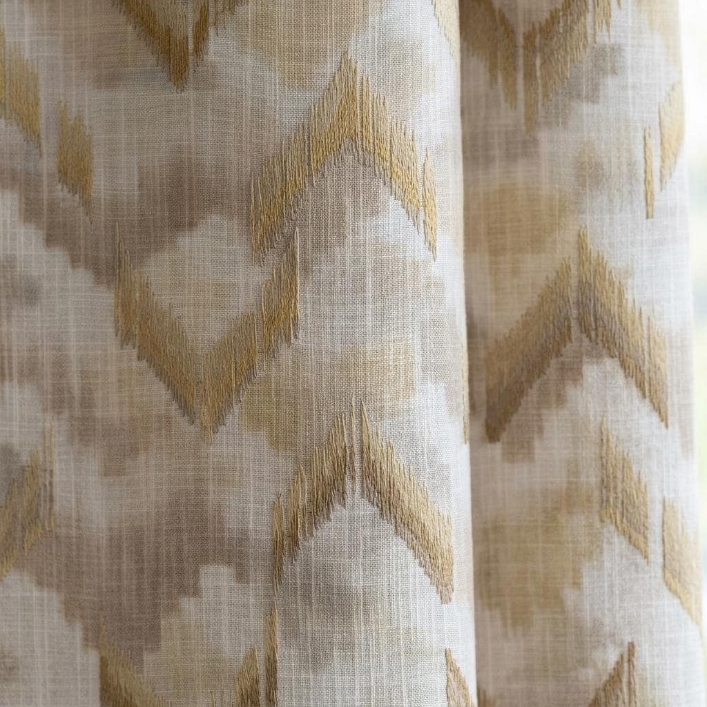 Ivory Pure Linen Embroidered Curtains, Champagne Gold Ikat Diamond Drapes, Custom Extra Long Blackout Panels — image 7