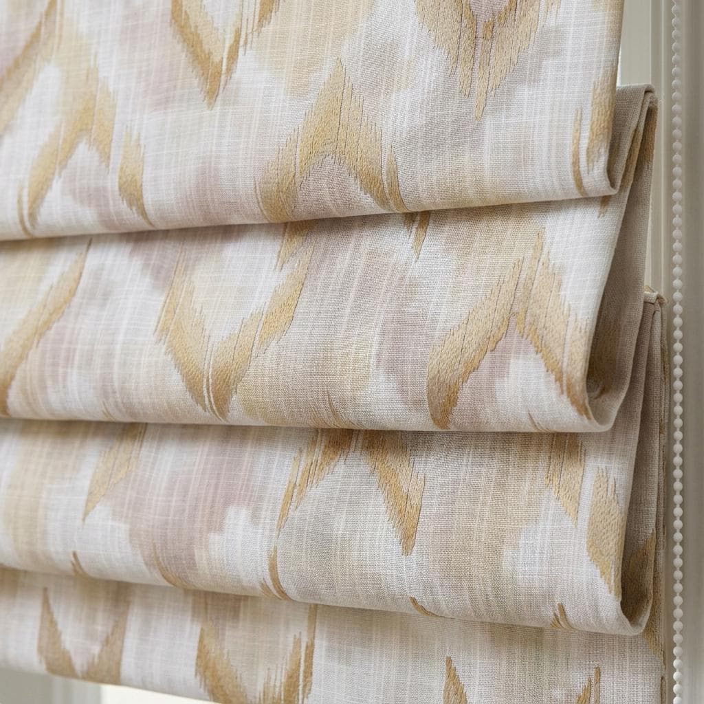 Ivory Beige Linen Roman Shade, Taupe Embroidered Ogee Diamond Trellis, Custom Blackout or Light Filtering Window Blind — image 1