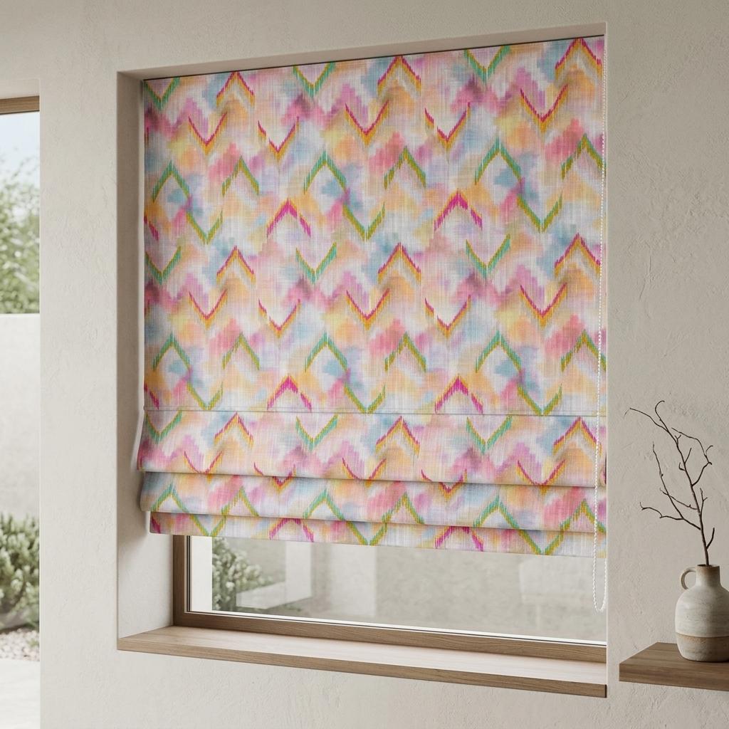 Multicolor Linen Roman Shade, Pink Teal Mustard Embroidered Ogee Trellis, Custom Blackout or Light Filtering Window Blind — image 1