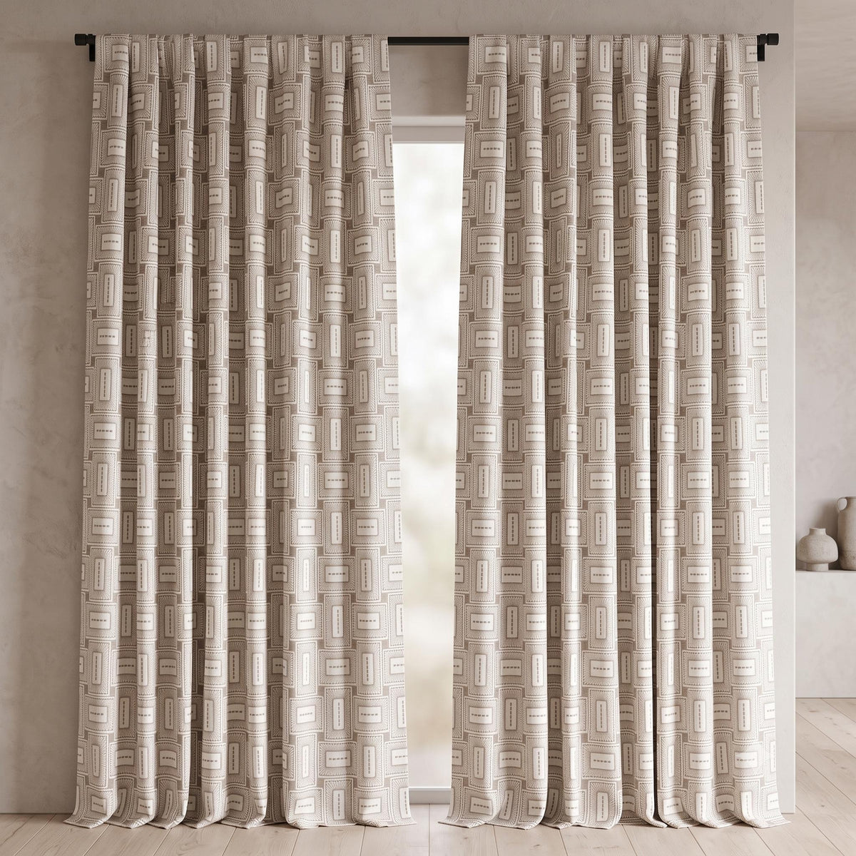 Ivory Taupe Pure Linen Curtains, Geometric Frame Embroidered Drapes, Custom Blackout or Light Filtering Panels — image 3