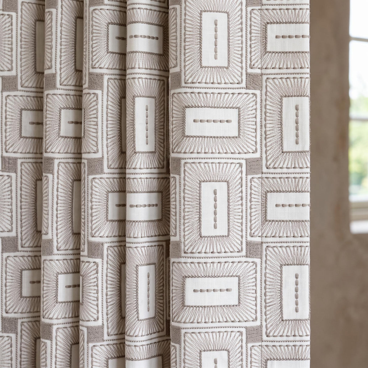 Ivory Taupe Pure Linen Curtains, Geometric Frame Embroidered Drapes, Custom Blackout or Light Filtering Panels — image 1