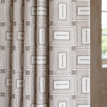 Ivory Taupe Pure Linen Curtains, Geometric Frame Embroidered Drapes, Custom Blackout or Light Filtering Panels — image 1