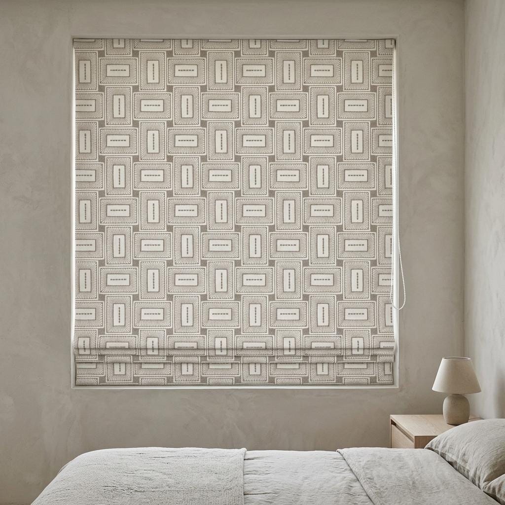 Ivory Taupe Pure Linen Roman Shade, Geometric Rectangle Embroidered Custom Blind, Blackout or Light Filtering — image 4