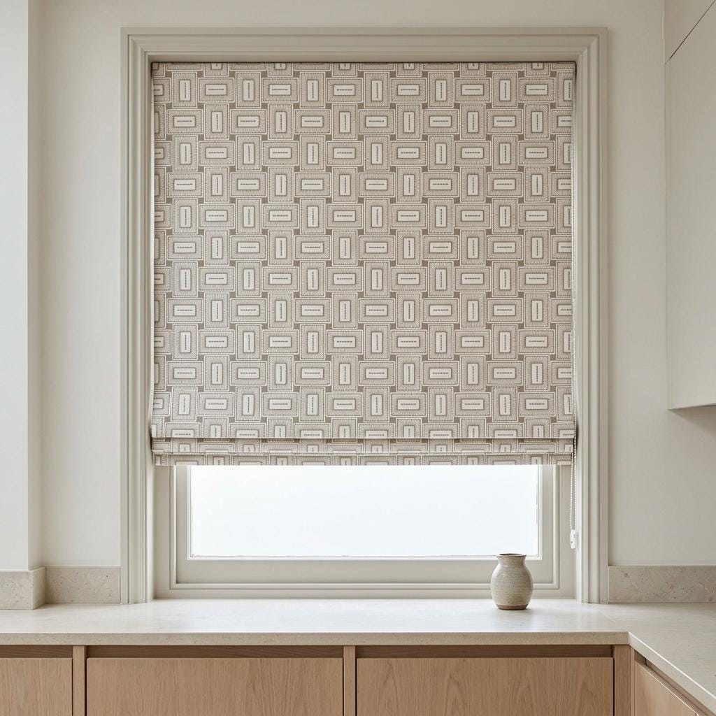 Ivory Taupe Pure Linen Roman Shade, Geometric Rectangle Embroidered Custom Blind, Blackout or Light Filtering — image 8