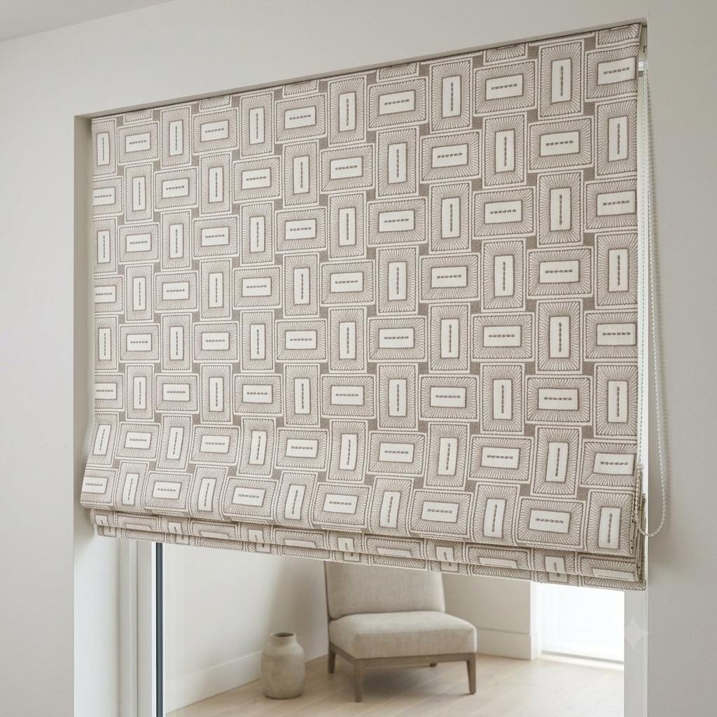 Ivory Taupe Pure Linen Roman Shade, Geometric Rectangle Embroidered Custom Blind, Blackout or Light Filtering — image 2