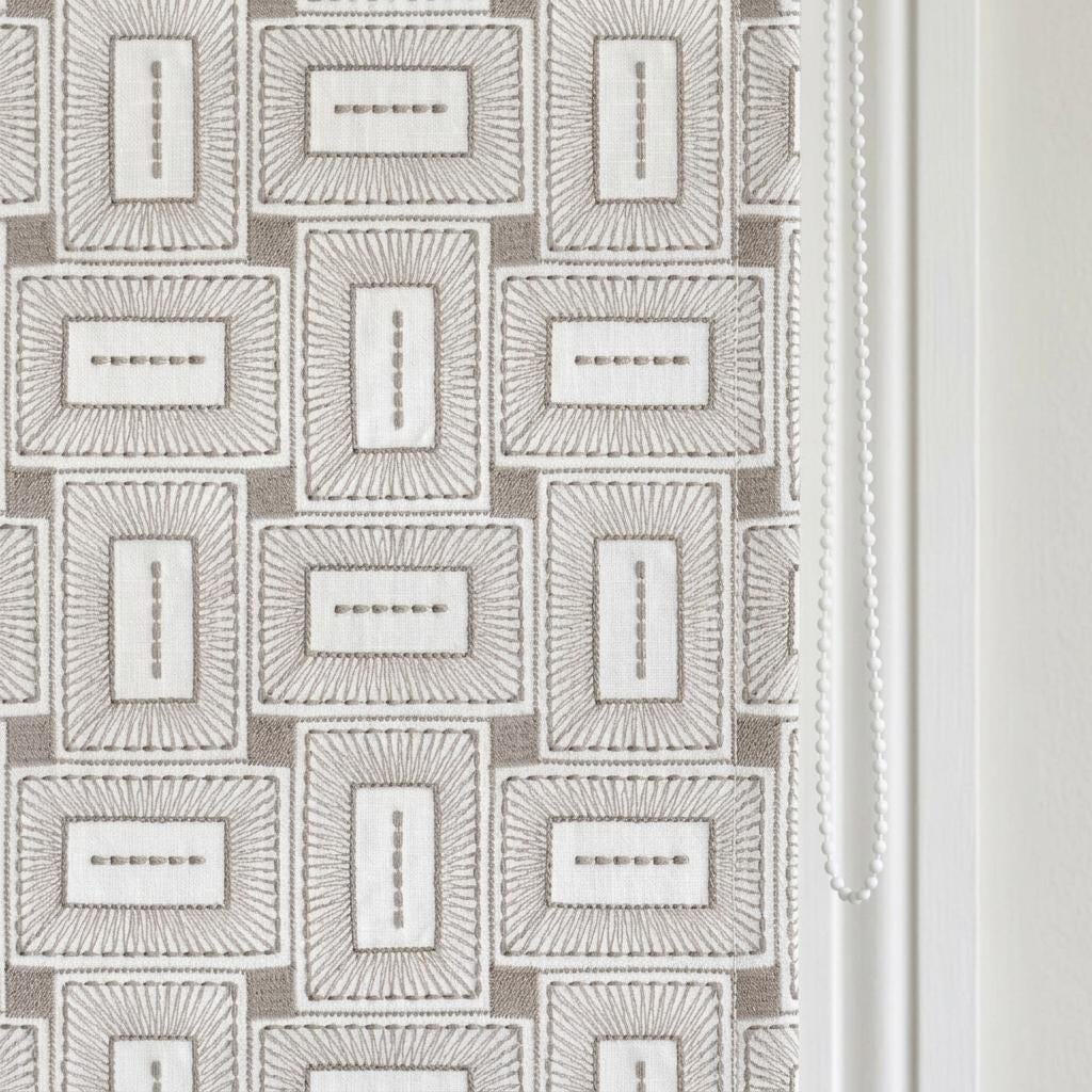 Ivory Taupe Pure Linen Roman Shade, Geometric Rectangle Embroidered Custom Blind, Blackout or Light Filtering — image 7