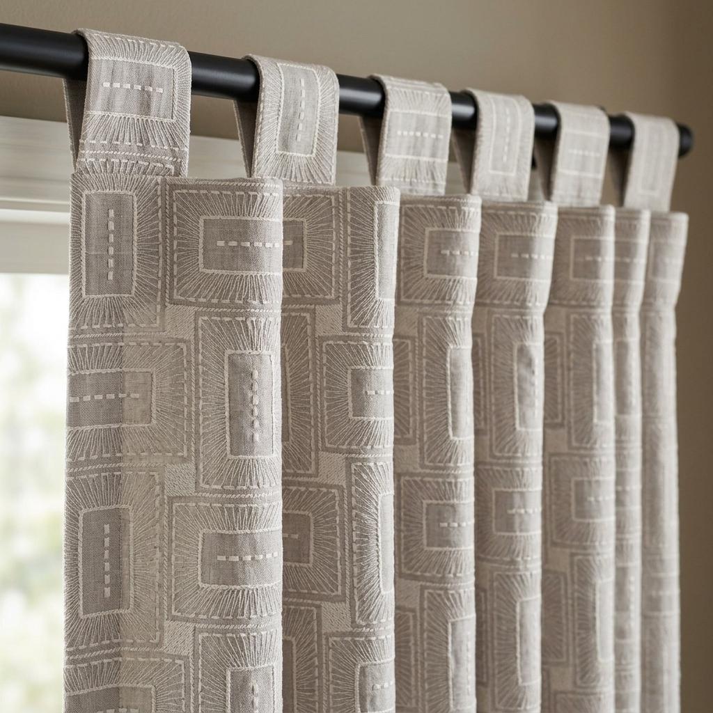 Beige Kora Pure Linen Curtains, Ivory Geometric Frame Embroidered Drapes, Custom Blackout or Light Filtering Panels — image 1