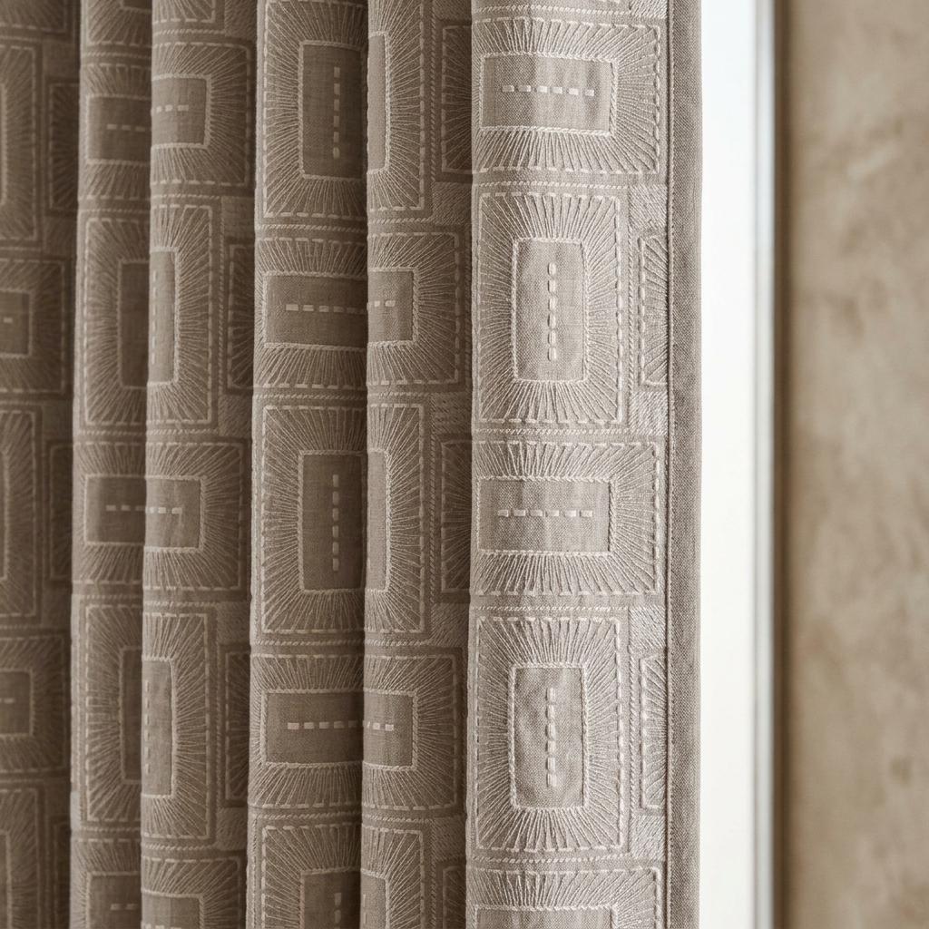 Beige Kora Pure Linen Curtains, Ivory Geometric Frame Embroidered Drapes, Custom Blackout or Light Filtering Panels — image 1
