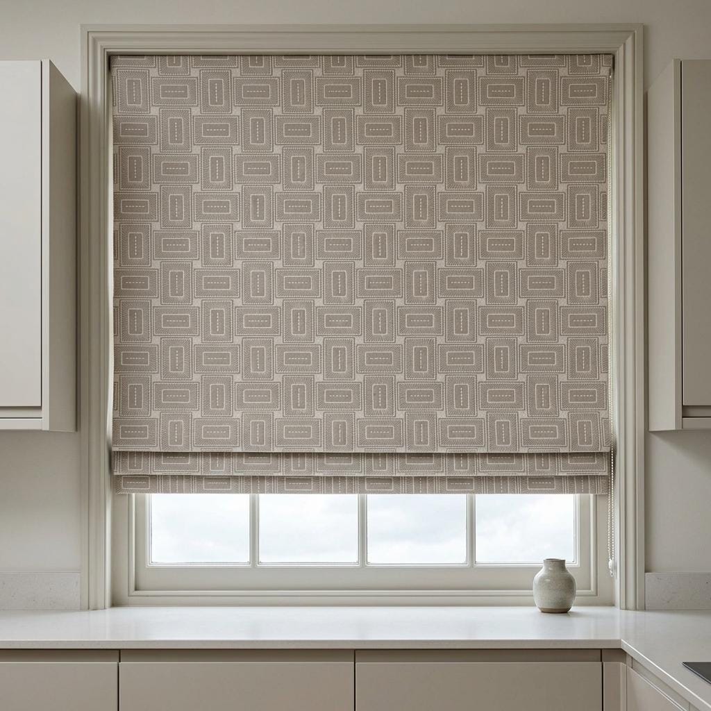 Beige Kora Pure Linen Roman Shade, Ivory Geometric Rectangle Embroidered Custom Blind, Blackout or Light Filtering — image 1