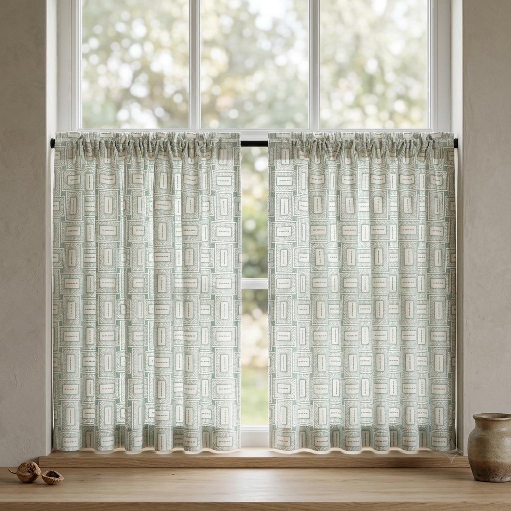 Ivory Aqua Pure Linen Curtains, Seafoam Green Geometric Frame Embroidered Drapes, Custom Blackout or Light Filtering Panels — image 9