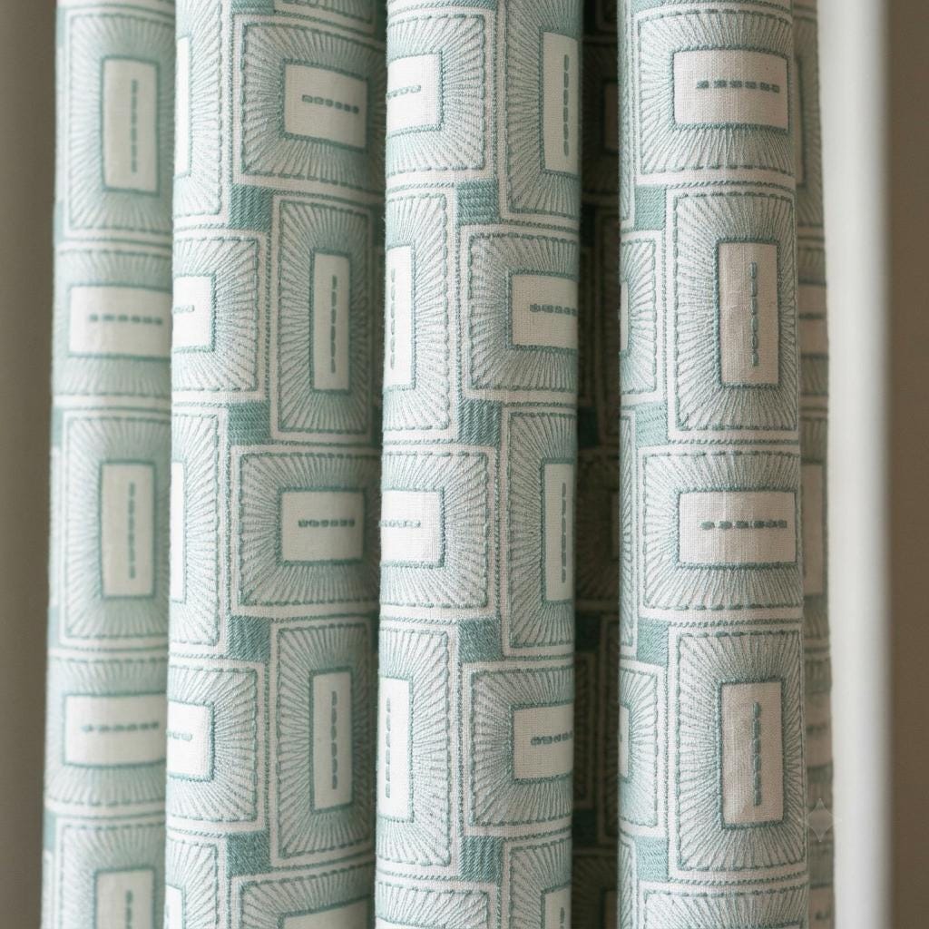 Ivory Aqua Pure Linen Curtains, Seafoam Green Geometric Frame Embroidered Drapes, Custom Blackout or Light Filtering Panels — image 8