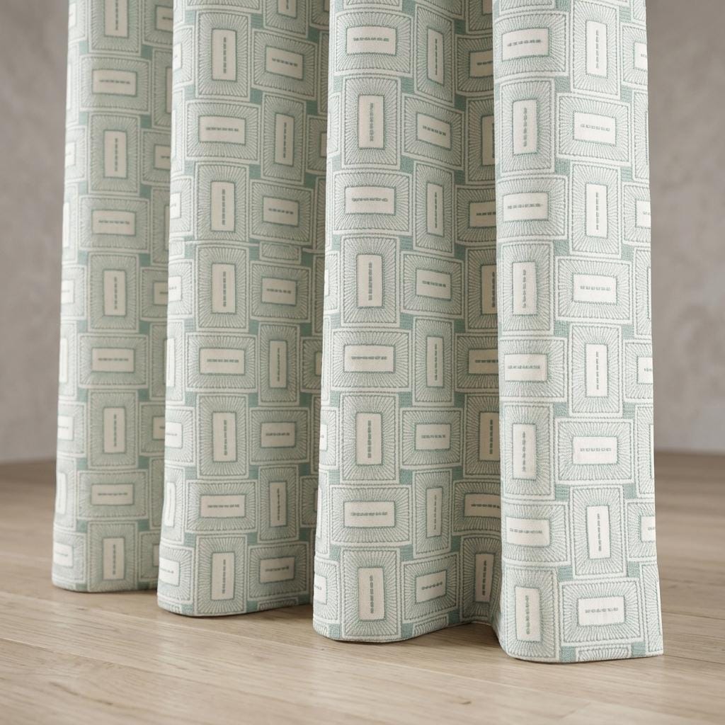 Ivory Aqua Pure Linen Curtains, Seafoam Green Geometric Frame Embroidered Drapes, Custom Blackout or Light Filtering Panels — image 5