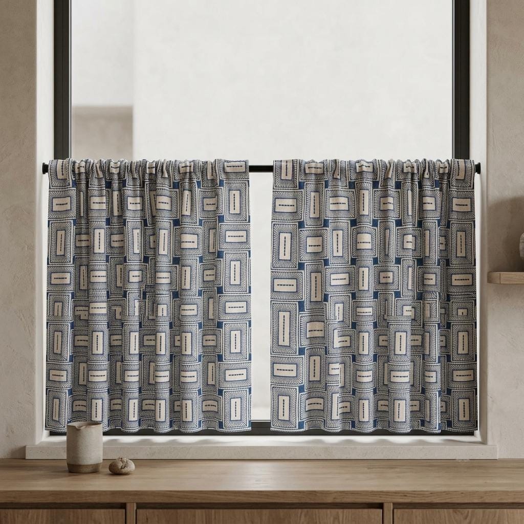 Navy Blue & Beige Pure Linen Curtains, Geometric Frame Embroidered Drapes, Custom Blackout or Light Filtering Panels — image 7