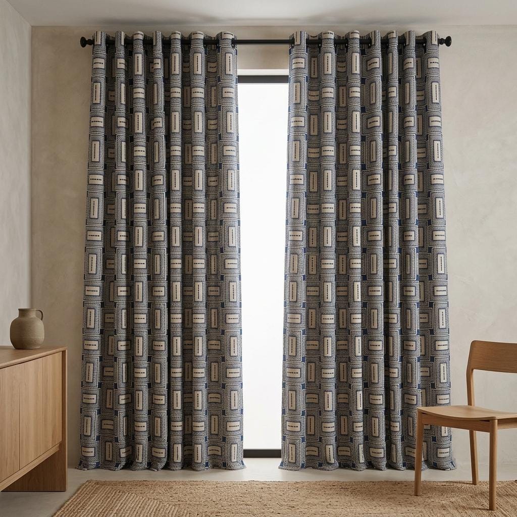 Navy Blue & Beige Pure Linen Curtains, Geometric Frame Embroidered Drapes, Custom Blackout or Light Filtering Panels — image 5