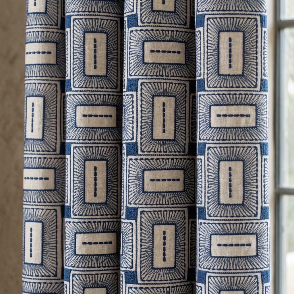 Navy Blue & Beige Pure Linen Curtains, Geometric Frame Embroidered Drapes, Custom Blackout or Light Filtering Panels — image 8