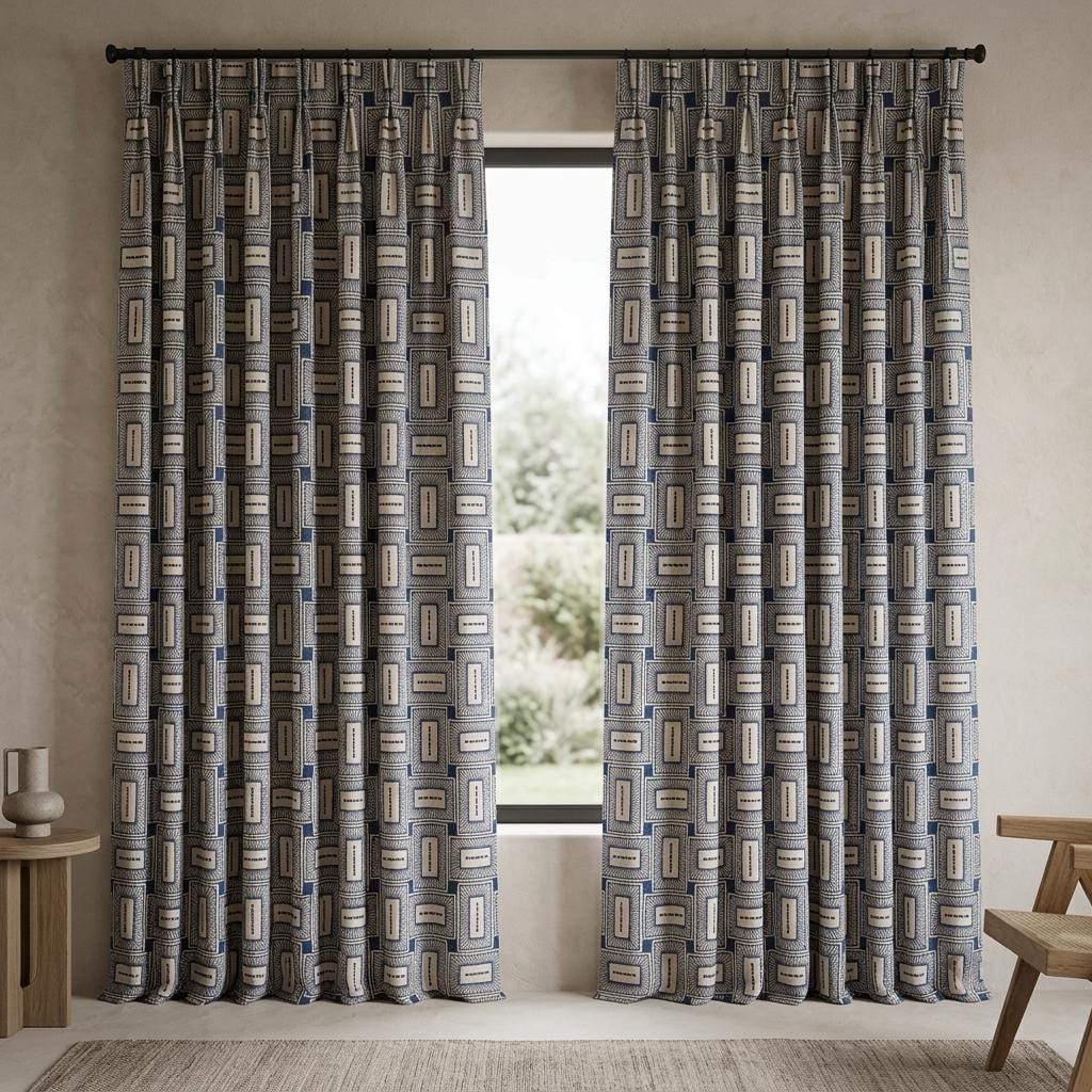 Navy Blue & Beige Pure Linen Curtains, Geometric Frame Embroidered Drapes, Custom Blackout or Light Filtering Panels — image 10