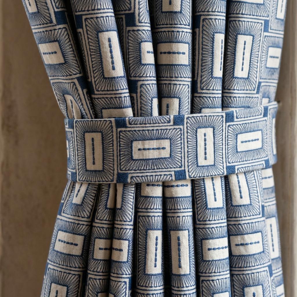 Navy Blue & Beige Pure Linen Curtains, Geometric Frame Embroidered Drapes, Custom Blackout or Light Filtering Panels — image 2