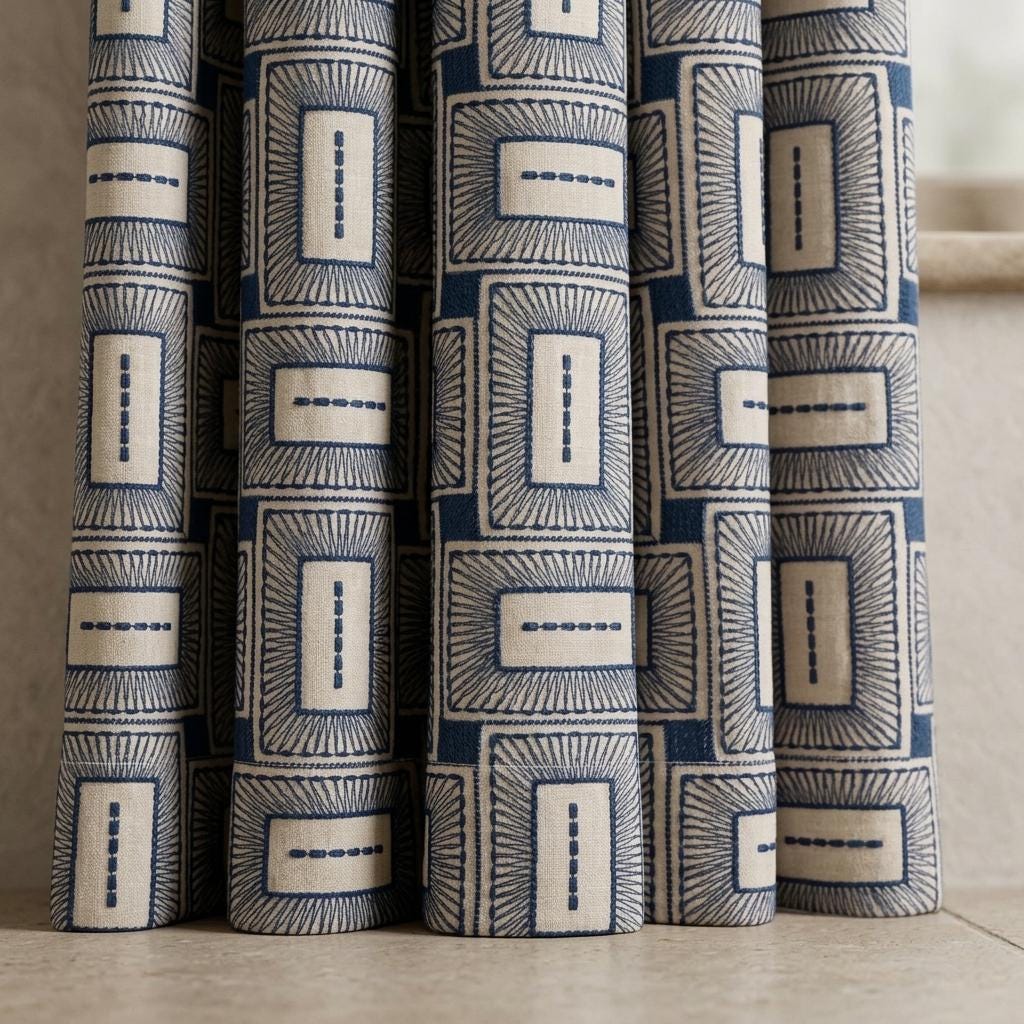 Navy Blue & Beige Pure Linen Curtains, Geometric Frame Embroidered Drapes, Custom Blackout or Light Filtering Panels — image 4