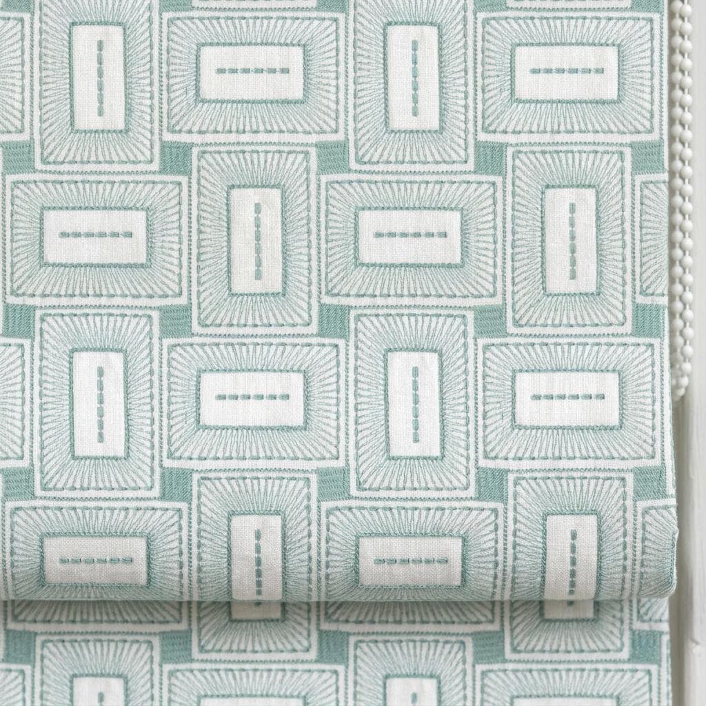 Ivory Aqua Linen Roman Shade, Blue Green Geometric Embroidered Custom Blind, Blackout or Light Filtering Window Shade — image 7