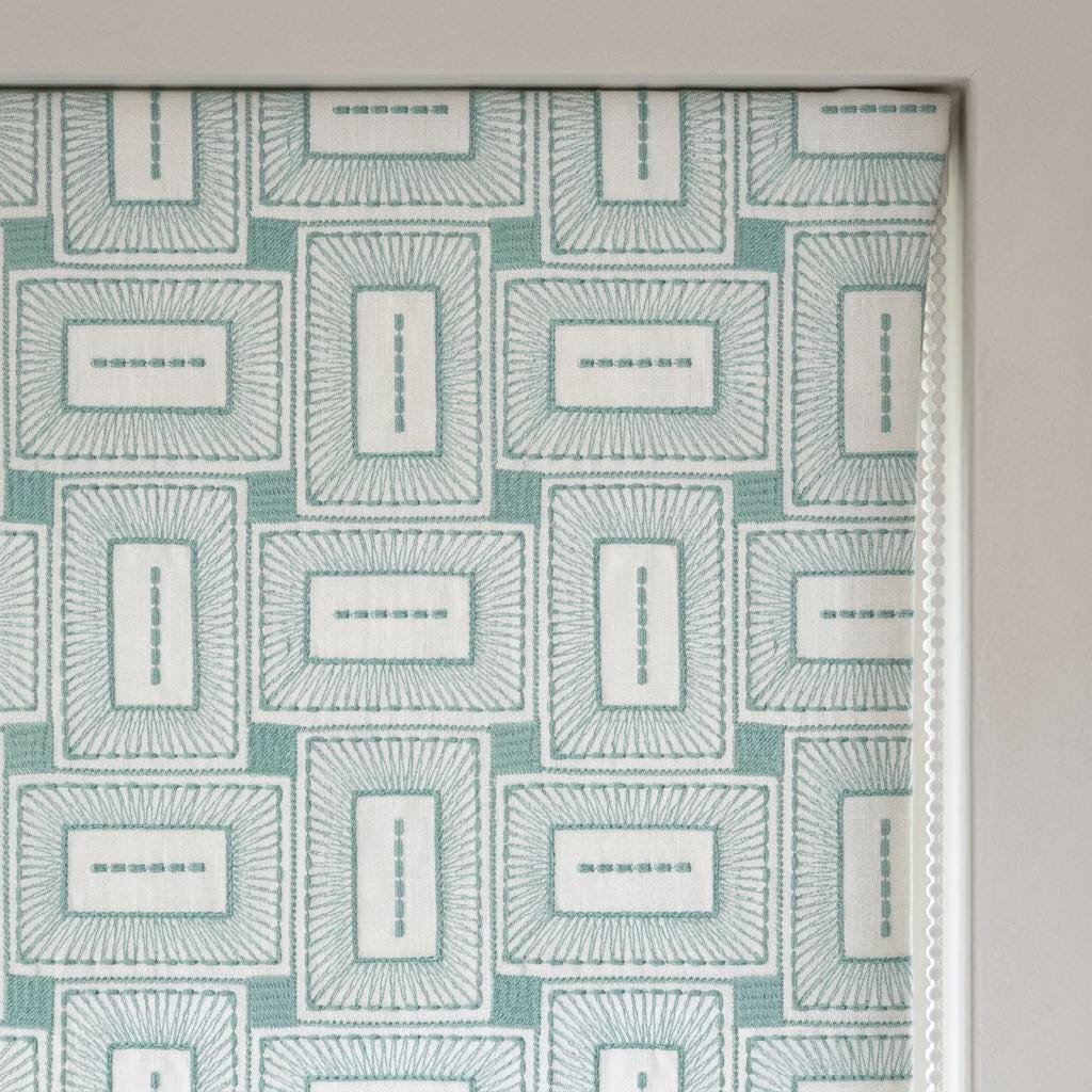 Ivory Aqua Linen Roman Shade, Blue Green Geometric Embroidered Custom Blind, Blackout or Light Filtering Window Shade — image 5