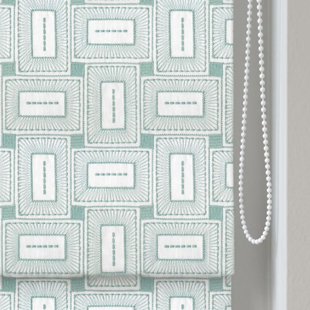 Ivory Aqua Linen Roman Shade, Blue Green Geometric Embroidered Custom Blind, Blackout or Light Filtering Window Shade — image 3