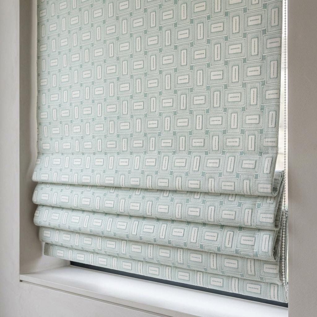Ivory Aqua Linen Roman Shade, Blue Green Geometric Embroidered Custom Blind, Blackout or Light Filtering Window Shade — image 2