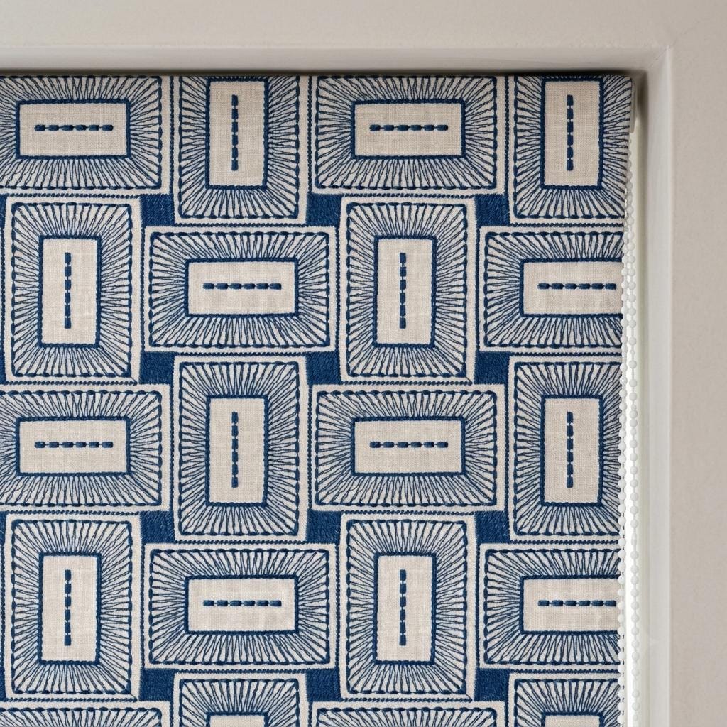 Beige Navy Pure Linen Roman Shade, Blue Mid Century Geometric Embroidered Custom Blind, Blackout or Light Filtering — image 6