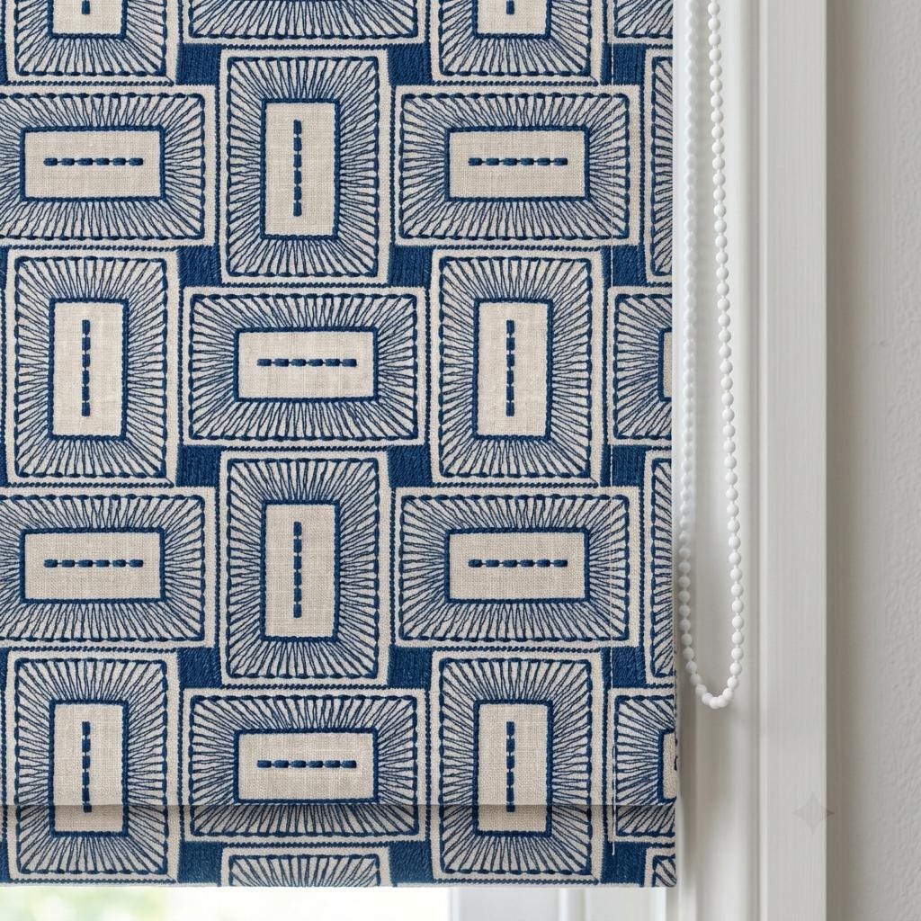 Beige Navy Pure Linen Roman Shade, Blue Mid Century Geometric Embroidered Custom Blind, Blackout or Light Filtering — image 4