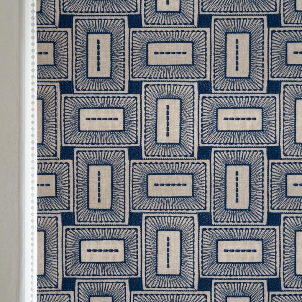 Beige Navy Pure Linen Roman Shade, Blue Mid Century Geometric Embroidered Custom Blind, Blackout or Light Filtering — image 10