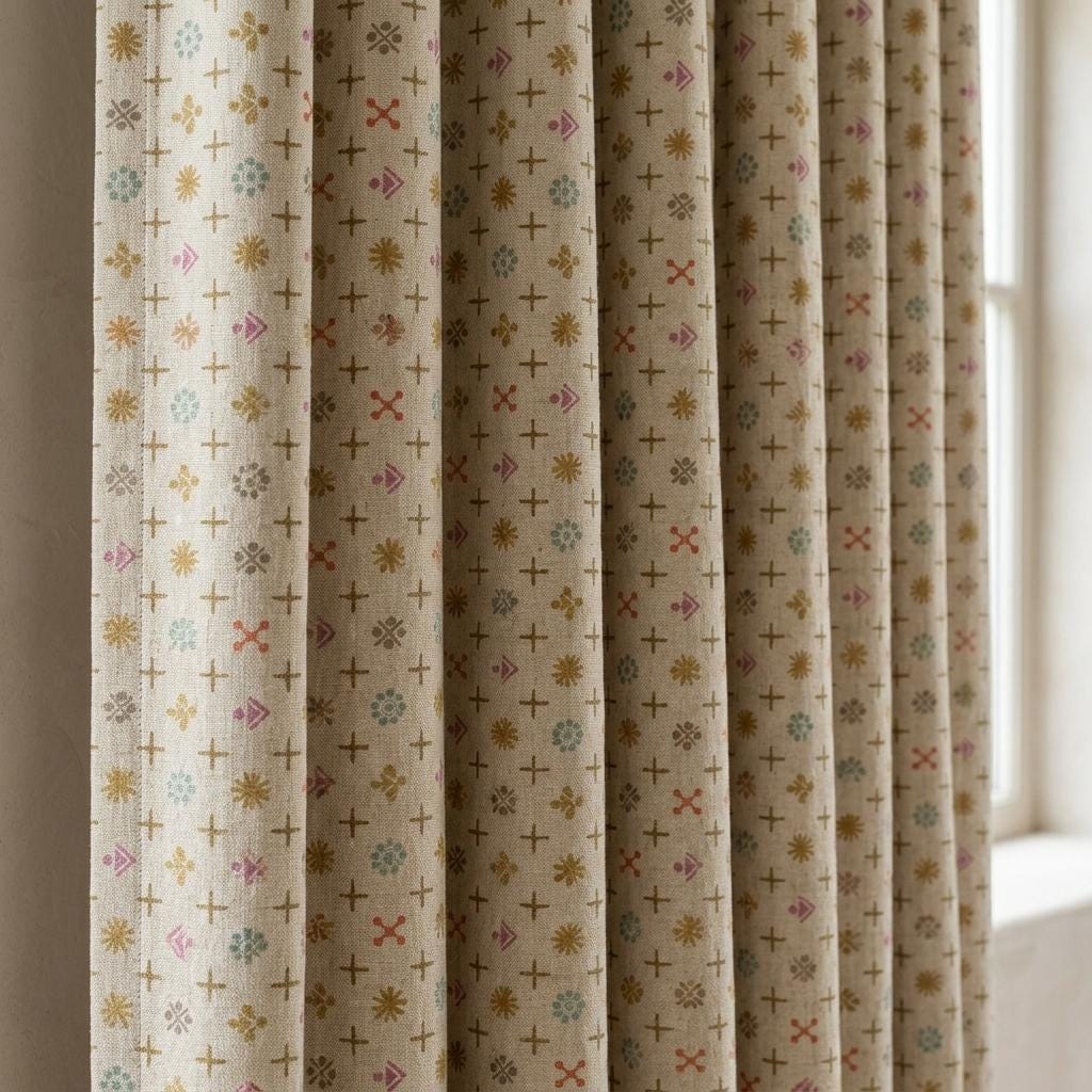 Natural Ivory Pure Linen Curtains, Mustard Teal Coral Mid Century Atomic Print Drapes, Custom Blackout or Light Filtering Panels — image 1