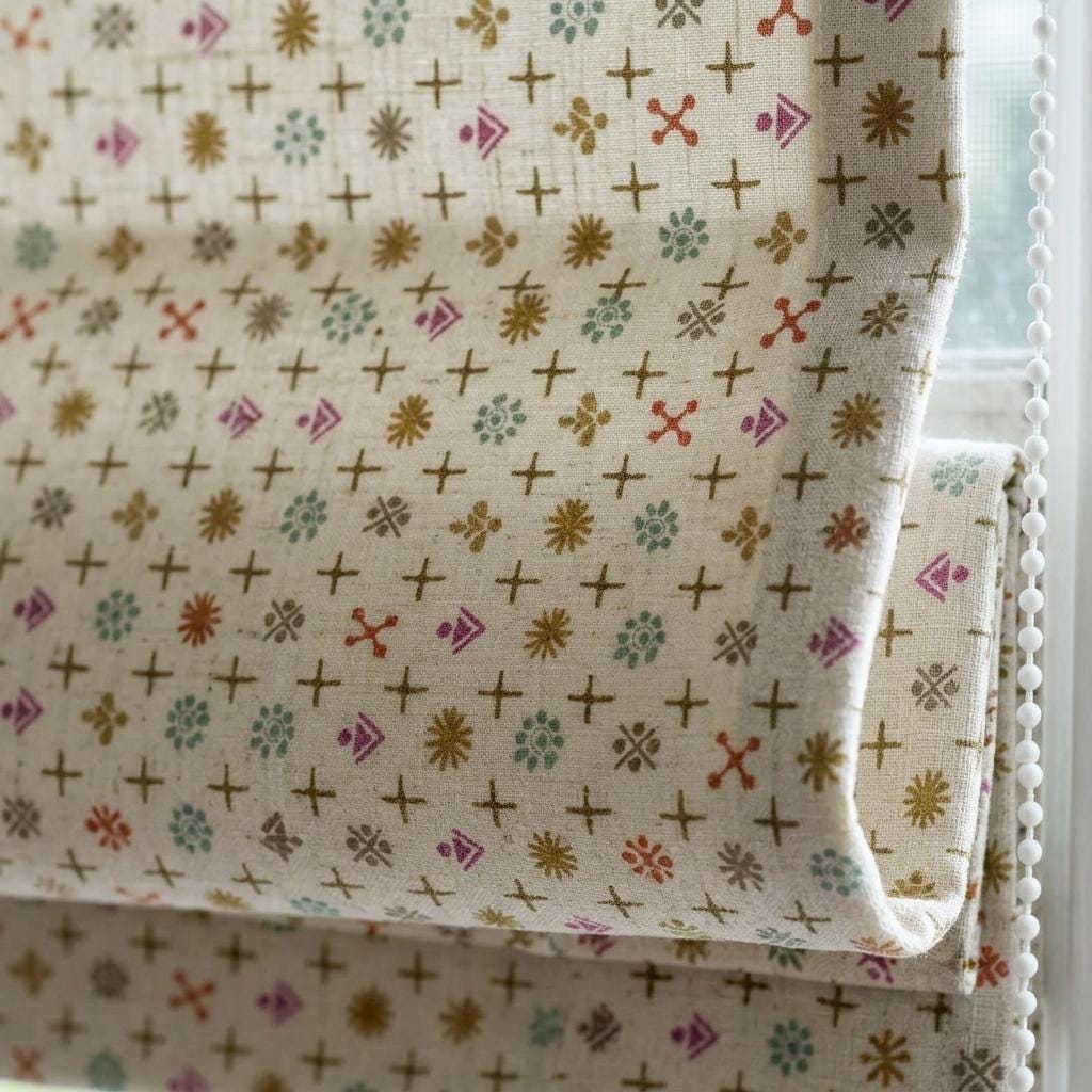 Cream Linen Roman Shade, Multicolor Mid Century Atomic Print Custom Blind, Blackout or Light Filtering Window Shade — image 1