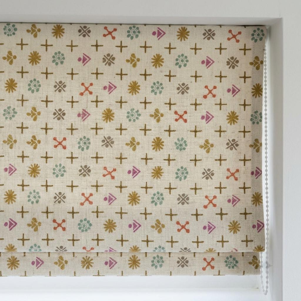 Cream Linen Roman Shade, Multicolor Mid Century Atomic Print Custom Blind, Blackout or Light Filtering Window Shade — image 1
