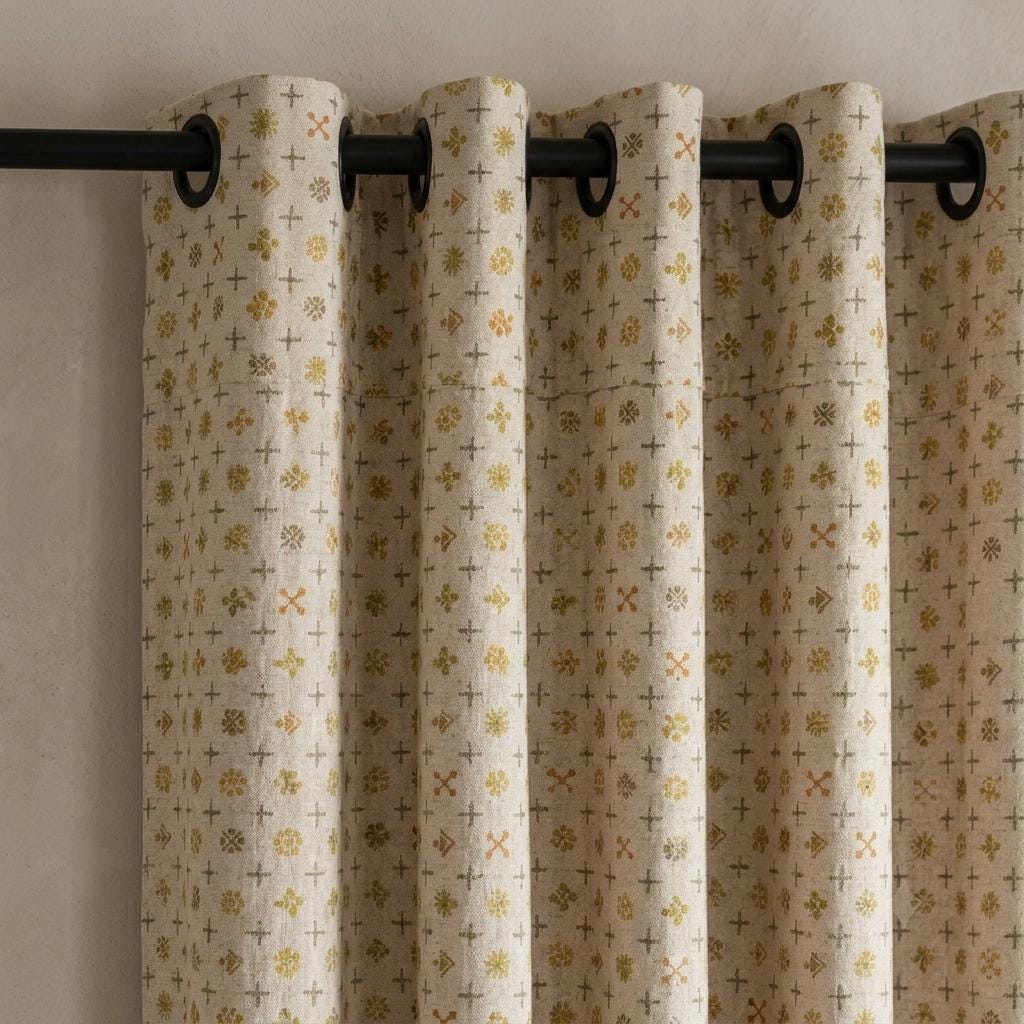 Natural Ivory Pure Linen Curtains, Mustard Olive Rust Mid Century Atomic Print Drapes, Custom Blackout or Light Filtering Panels — image 10