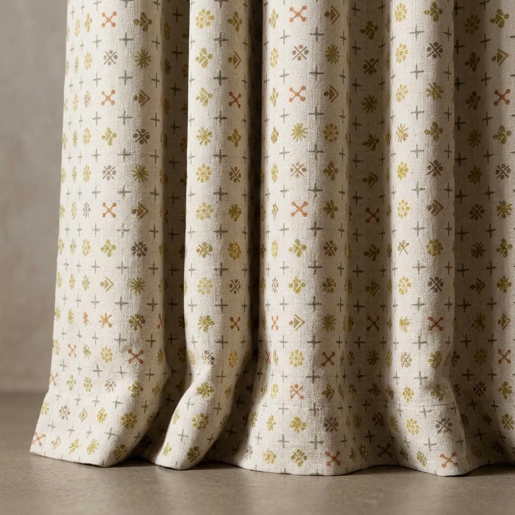 Natural Ivory Pure Linen Curtains, Mustard Olive Rust Mid Century Atomic Print Drapes, Custom Blackout or Light Filtering Panels — image 5