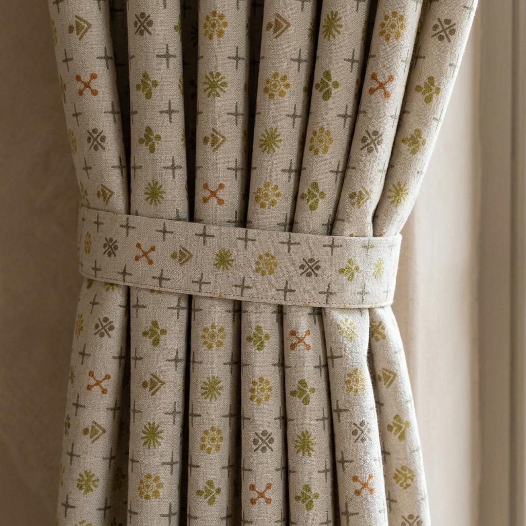 Natural Ivory Pure Linen Curtains, Mustard Olive Rust Mid Century Atomic Print Drapes, Custom Blackout or Light Filtering Panels — image 1