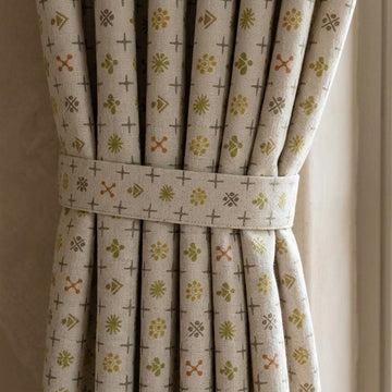 Natural Ivory Pure Linen Curtains, Mustard Olive Rust Mid Century Atomic Print Drapes, Custom Blackout or Light Filtering Panels — image 1
