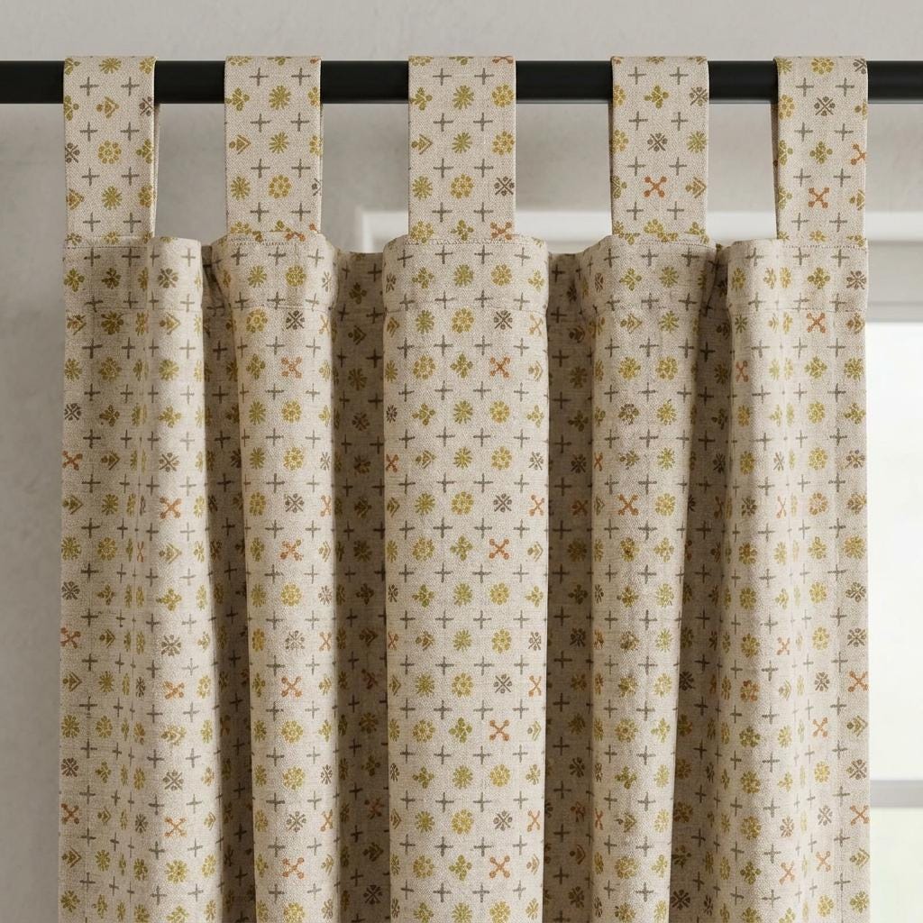 Natural Ivory Pure Linen Curtains, Mustard Olive Rust Mid Century Atomic Print Drapes, Custom Blackout or Light Filtering Panels — image 9
