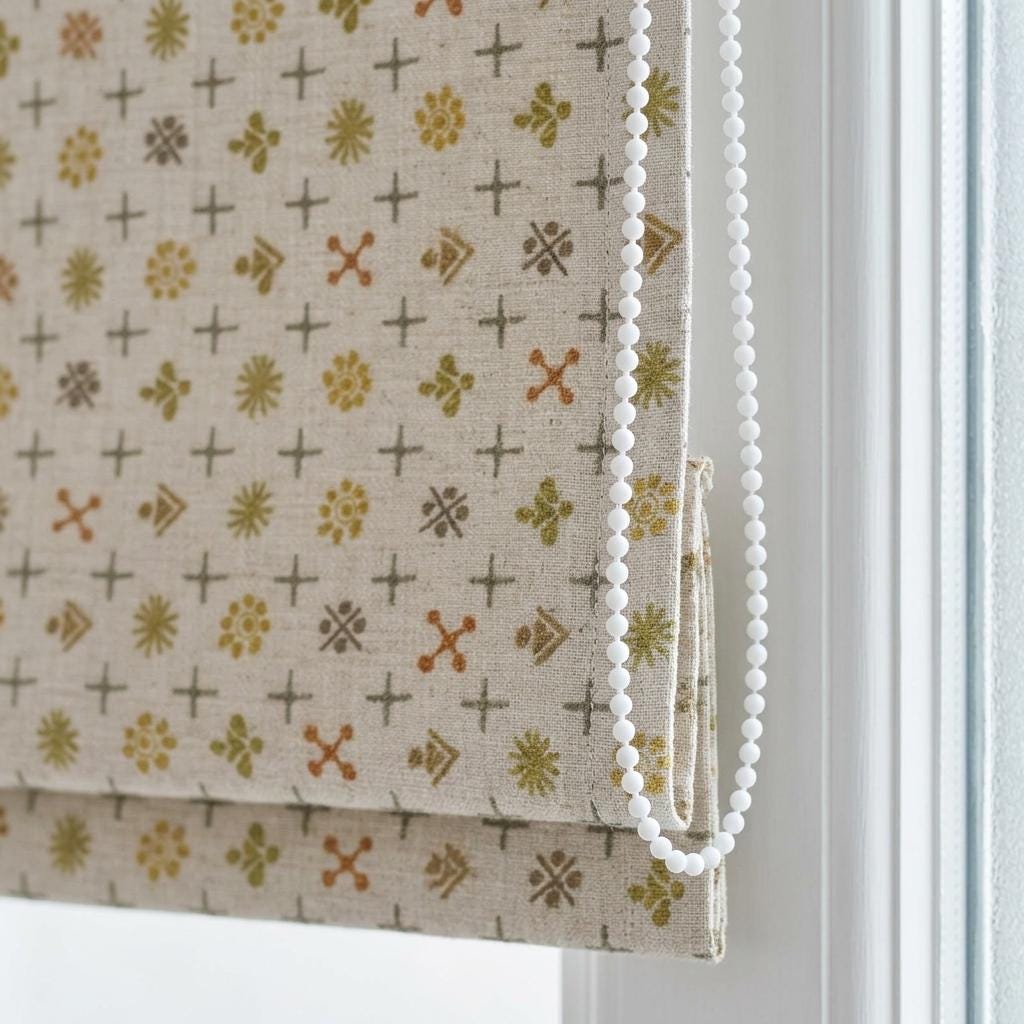 Cream Mustard Linen Roman Shade, Mid Century Atomic Geometric Printed Custom Blind, Blackout or Light Filtering Window Shade — image 4