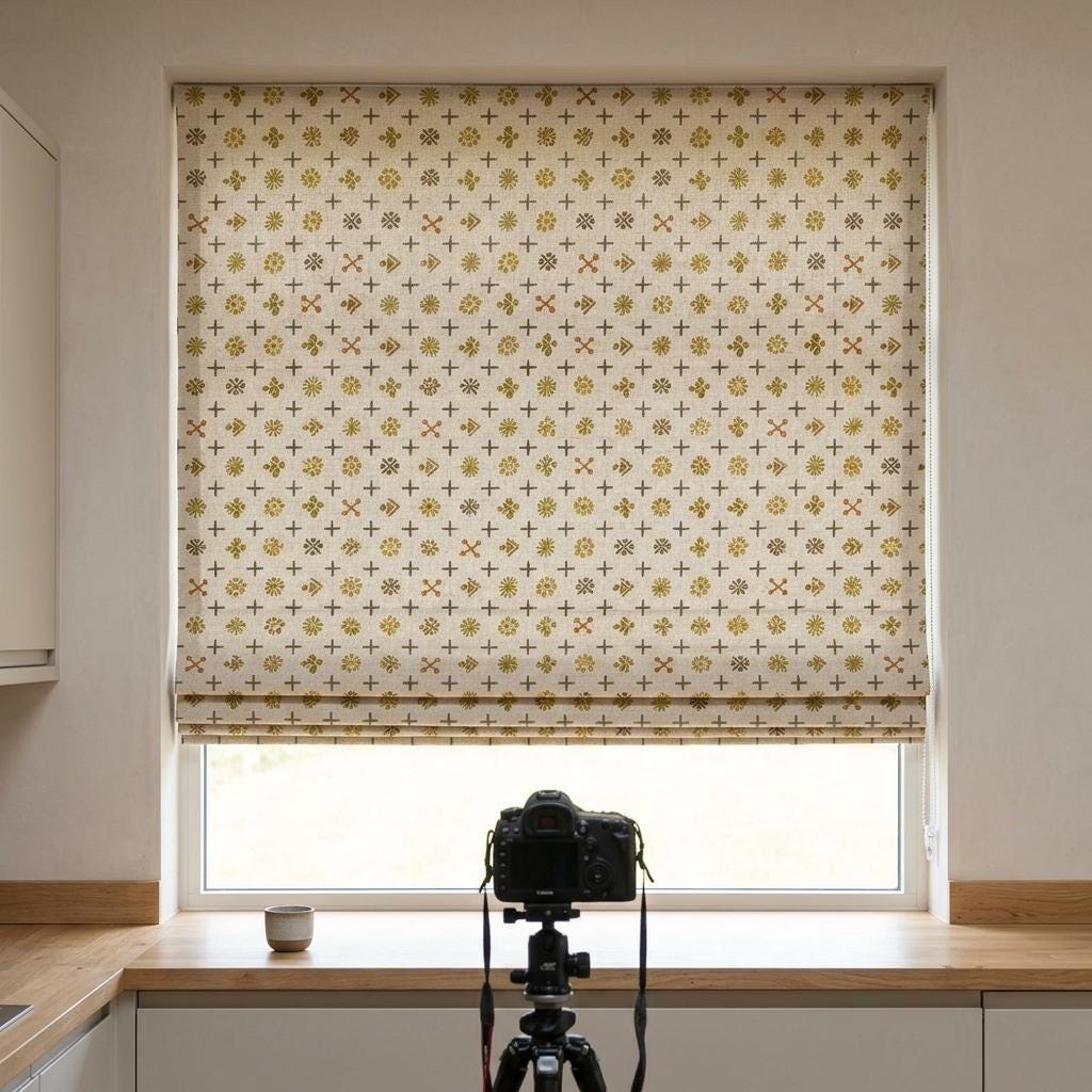Cream Mustard Linen Roman Shade, Mid Century Atomic Geometric Printed Custom Blind, Blackout or Light Filtering Window Shade — image 8