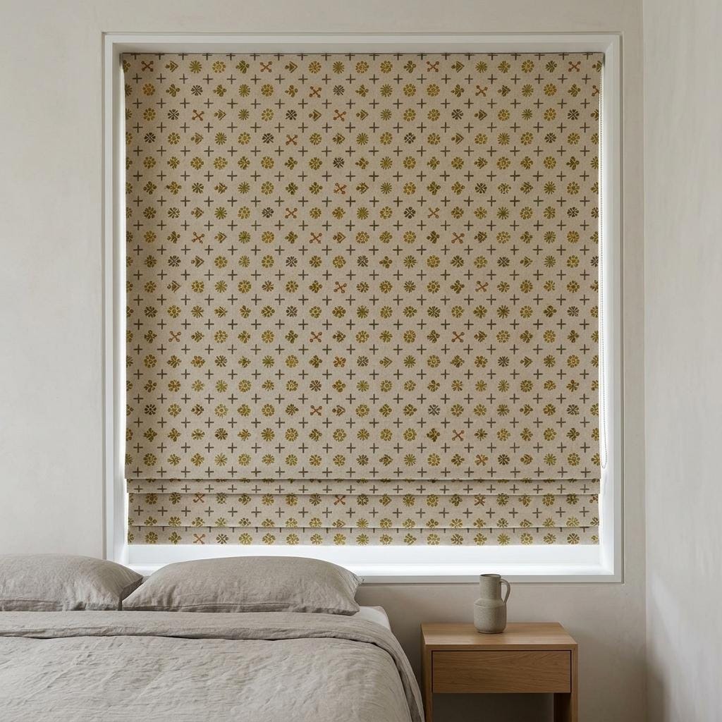 Cream Mustard Linen Roman Shade, Mid Century Atomic Geometric Printed Custom Blind, Blackout or Light Filtering Window Shade — image 6