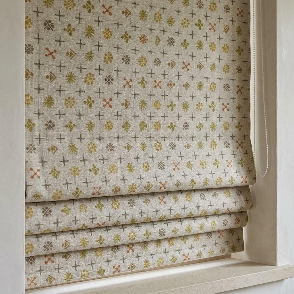 Cream Mustard Linen Roman Shade, Mid Century Atomic Geometric Printed Custom Blind, Blackout or Light Filtering Window Shade — image 2