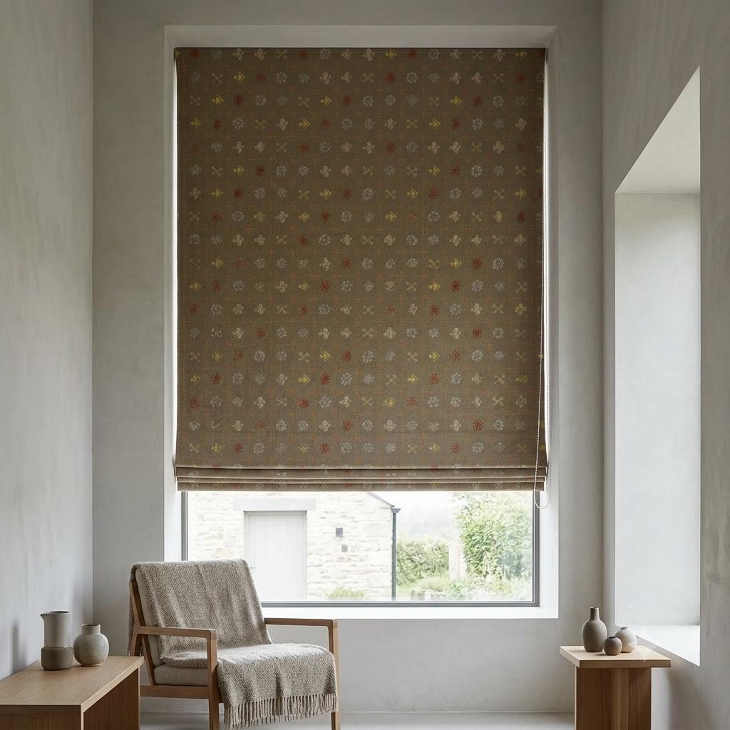 Olive Brown Pure Linen Roman Shade, Rust Mustard Mid Century Atomic Print Custom Blind, Blackout or Light Filtering Window Shade — image 1