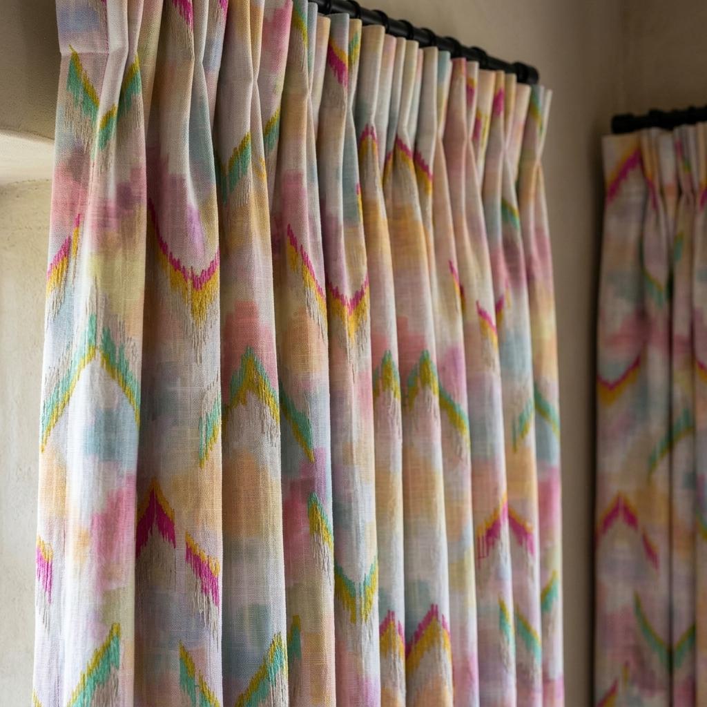 Pastel Rainbow Pure Linen Embroidered Curtains, Pink Aqua Yellow Ikat Chevron Drapes, Custom Extra Long Blackout Panels — image 4