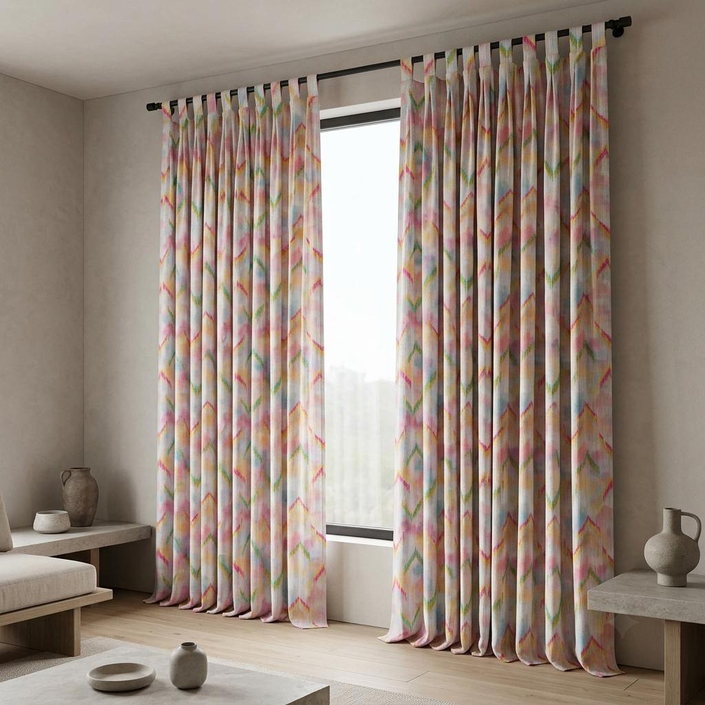 Pastel Rainbow Pure Linen Embroidered Curtains, Pink Aqua Yellow Ikat Chevron Drapes, Custom Extra Long Blackout Panels — image 7