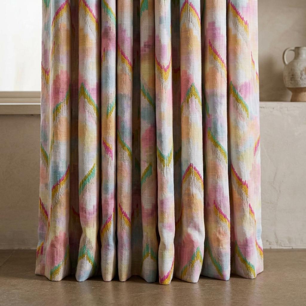 Pastel Rainbow Pure Linen Embroidered Curtains, Pink Aqua Yellow Ikat Chevron Drapes, Custom Extra Long Blackout Panels — image 5