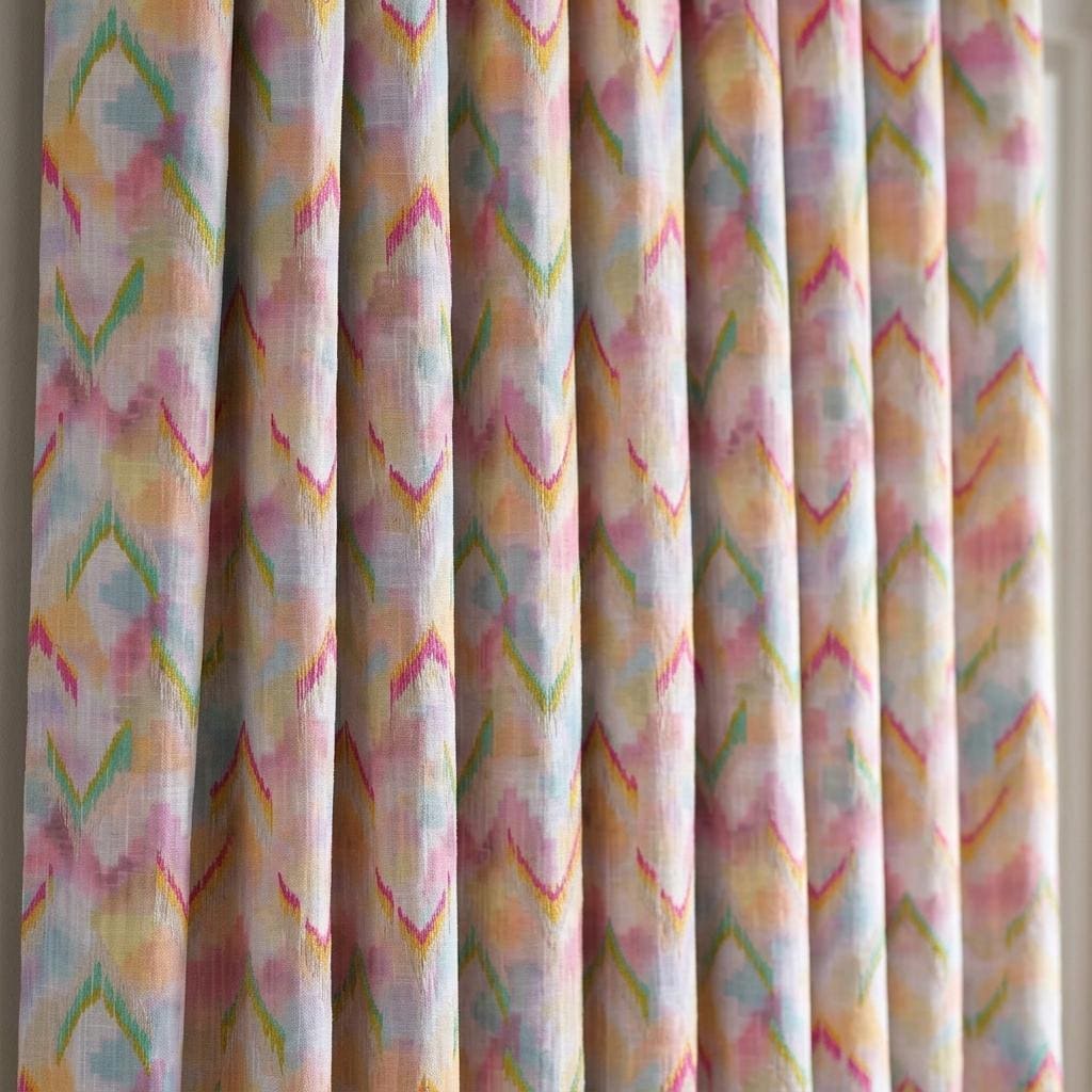Pastel Rainbow Pure Linen Embroidered Curtains, Pink Aqua Yellow Ikat Chevron Drapes, Custom Extra Long Blackout Panels — image 2