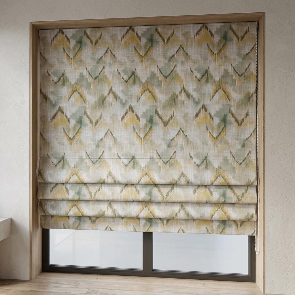 Sage Green Linen Roman Shade, Mustard Beige Embroidered Ogee Trellis, Custom Blackout or Light Filtering Window Blind — image 1