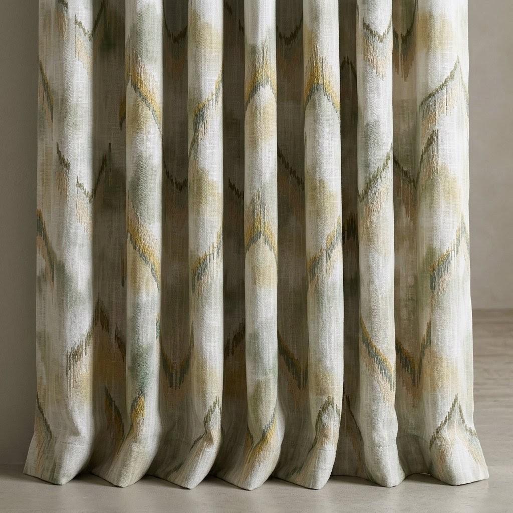 Ivory Sage Olive Pure Linen Embroidered Curtains, Mustard Gold Ikat Geometric Drapes, Custom Extra Long Blackout Panels — image 3