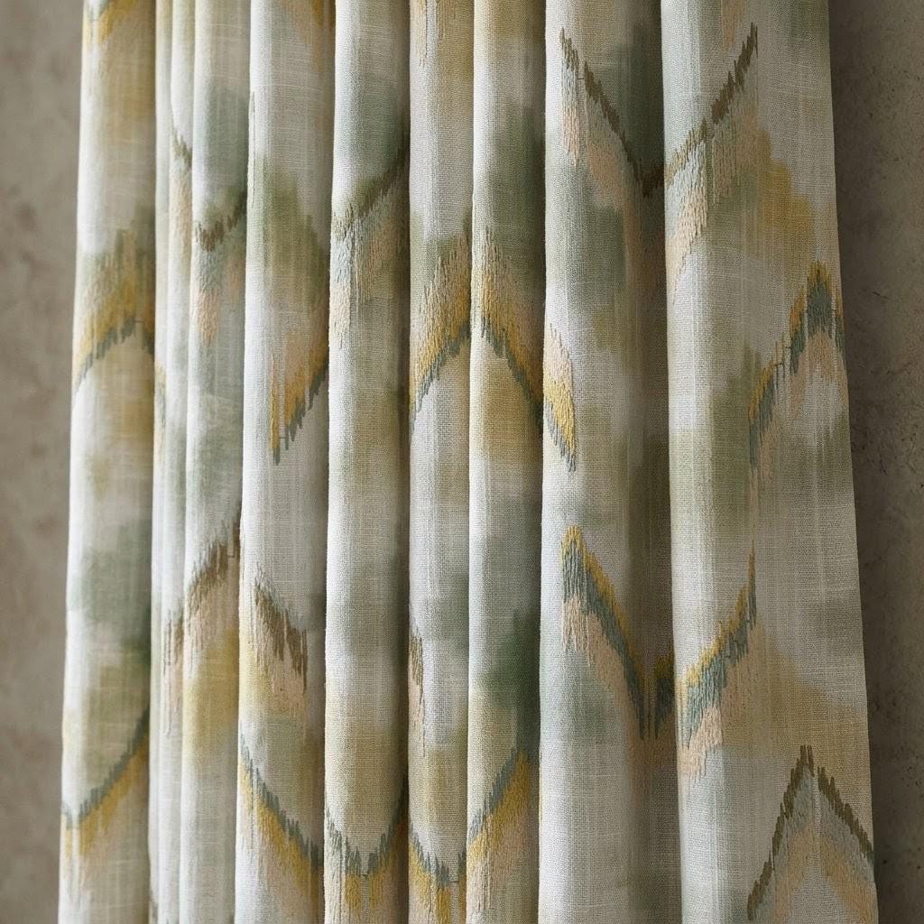 Ivory Sage Olive Pure Linen Embroidered Curtains, Mustard Gold Ikat Geometric Drapes, Custom Extra Long Blackout Panels — image 1